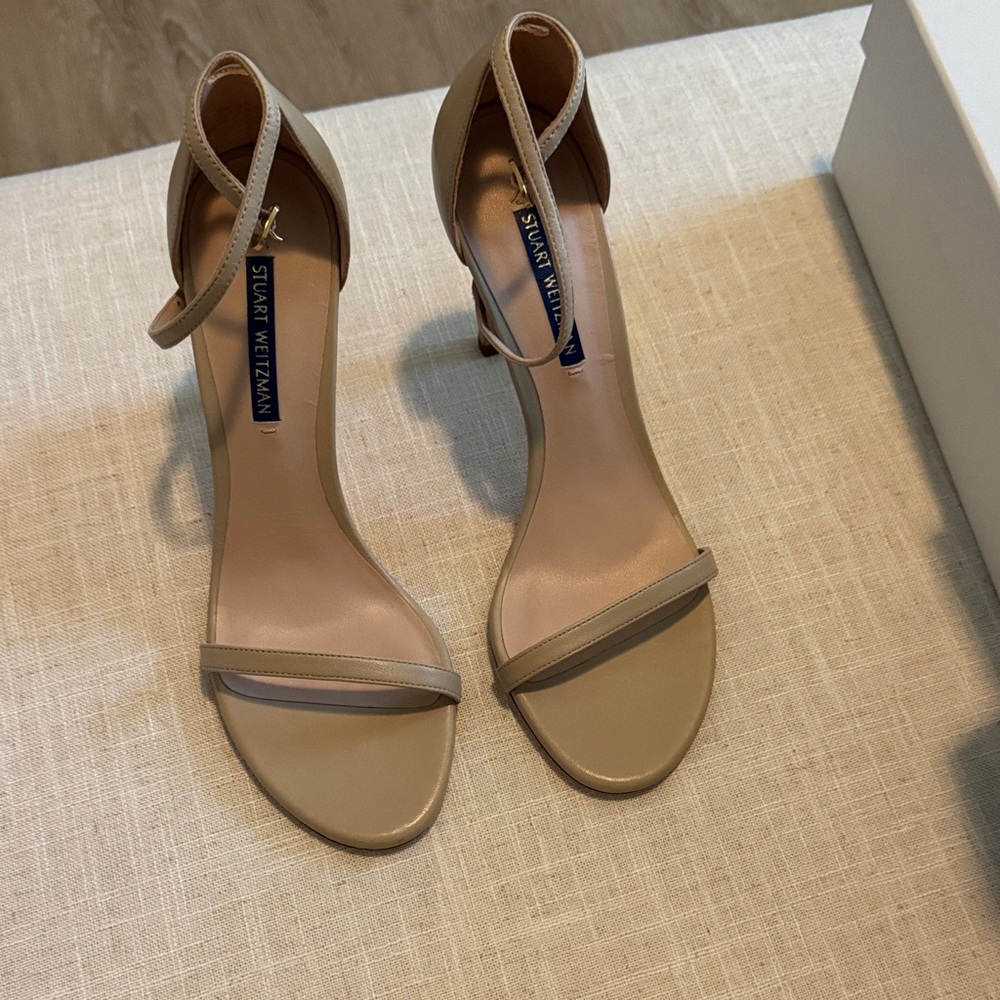 Stuart Weitzman Beige Ankle-Strap Heeled Sandals